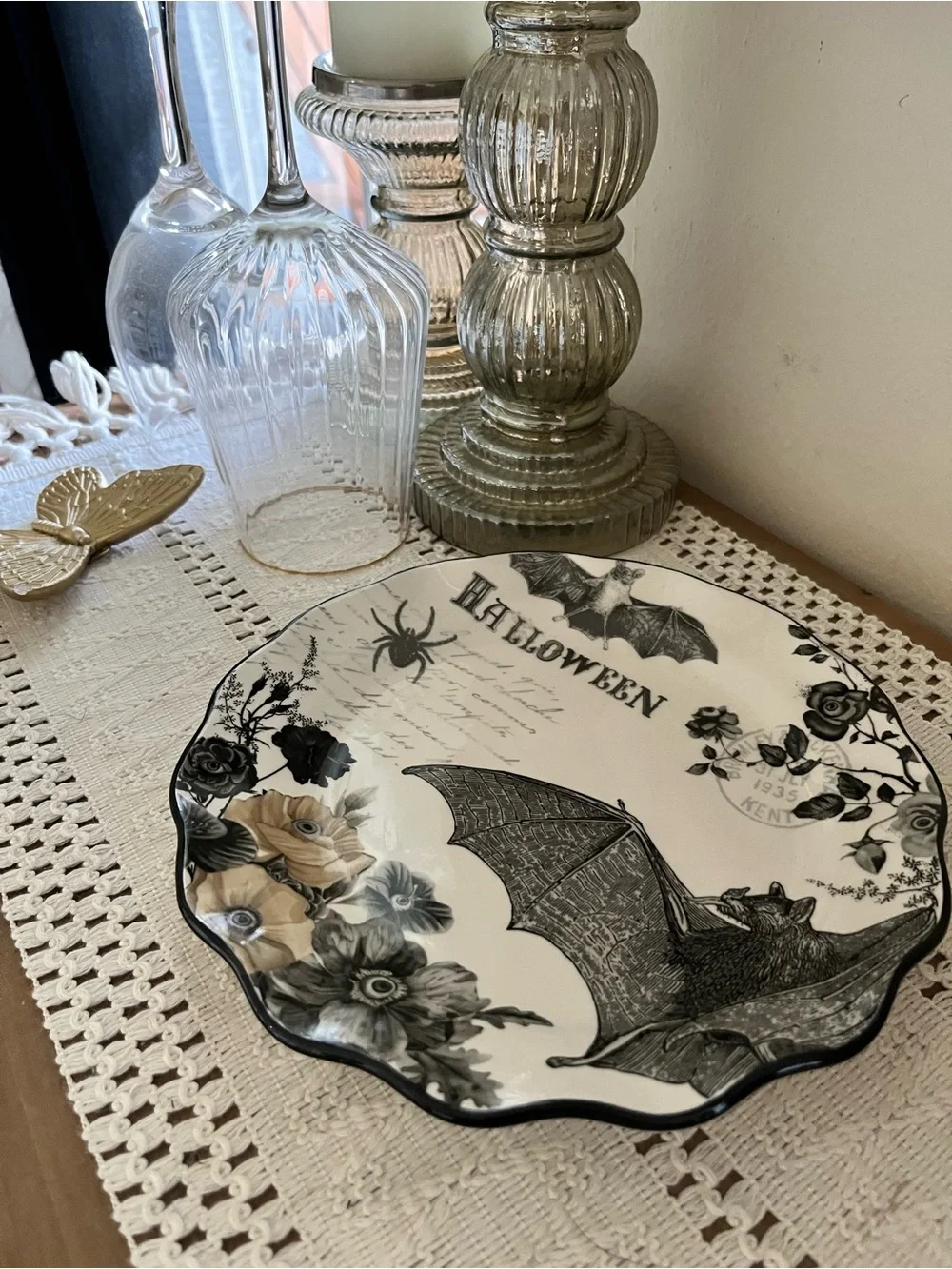 Halloween Decorative Bat Serving Plate - Black & Cream